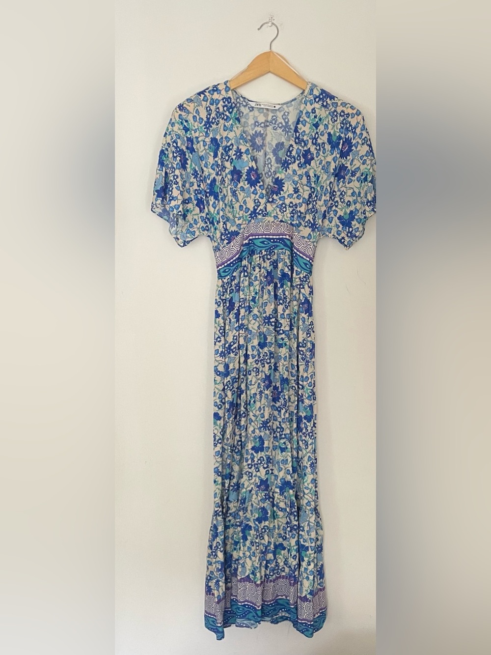Zara Blue Floral Boho Midi Dress Empire Waist Short Sleeve - Picture 6 of 7